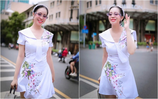 Hoa hậu sắc đẹp hoàn vũ Thanh Hằng và thời trang dạo phố sailor dress ( cổ thuỷ thủ ) mang nét học đường Nhật Bản của ntk Tiến Trần